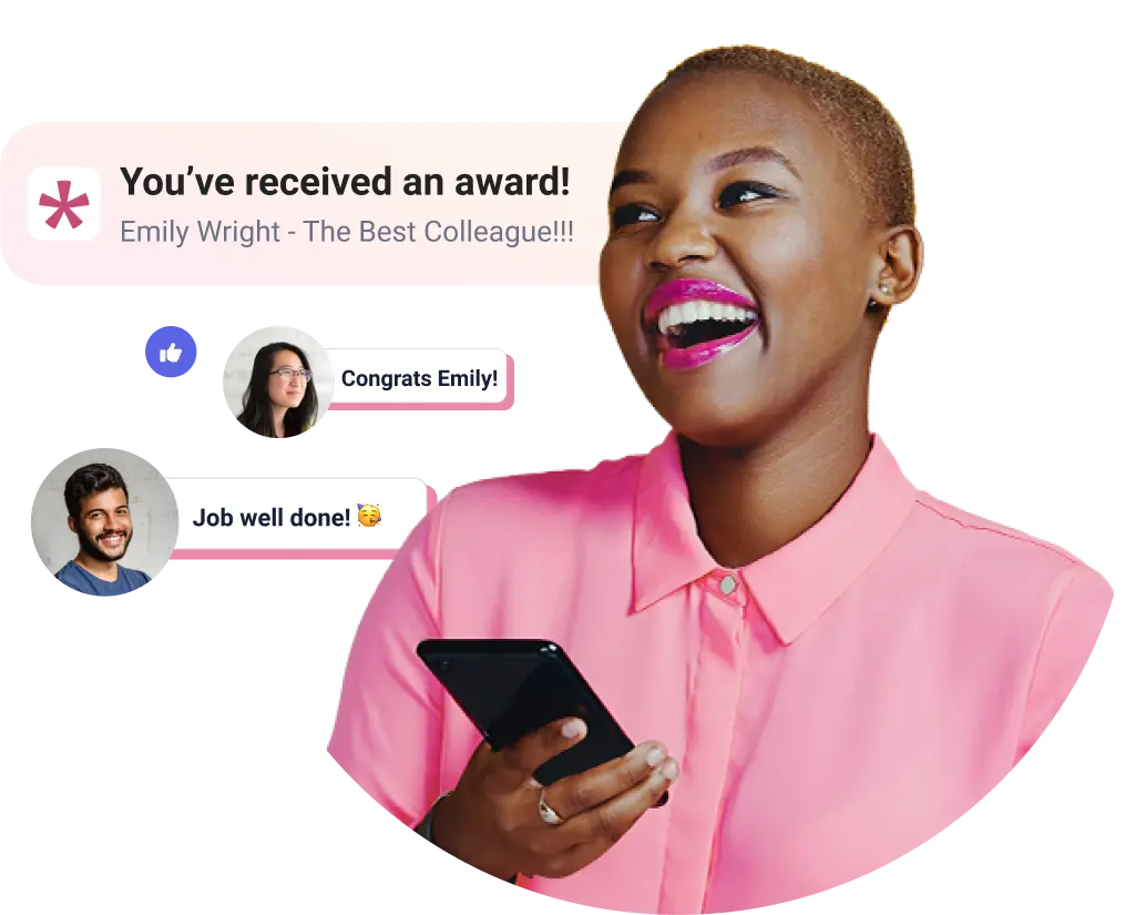 A smiling woman in a pink shirt holds a smartphone, surrounded by notifications announcing her awards. One notification reads, "You've received an award! Emily Wright - The Best Colleague!!!” while other messages say, “Congrats Emily!” and “Job well done!” The overall vibe is celebratory and positive.