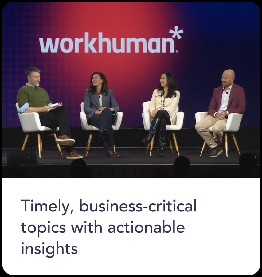 People talking with text: Timely, business-critical topics with actionable insights