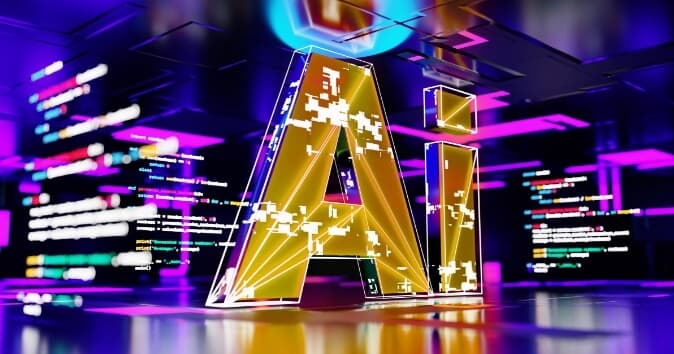 A 3D representation of the letters "Ai" displayed prominently in an illuminated, futuristic setting. The background features vibrant purple and blue hues with abstract code and digital elements, conveying a tech-focused atmosphere. The overall design emphasizes innovation in artificial intelligence.