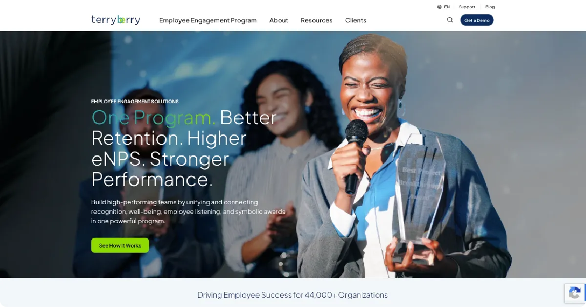 Terryberry homepage for an employee engagement and recognition platform focused on improving retention, employee well-being, and workplace performance.