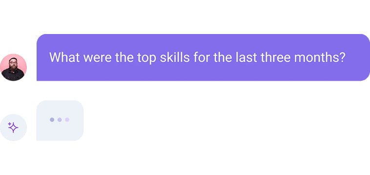 A man with a beard appears on the left side of the image. He is looking at a purple panel displaying the question, "What were the tops skills for the last three months?" Below the panel are various icons, including a star and dots, suggesting navigation options.