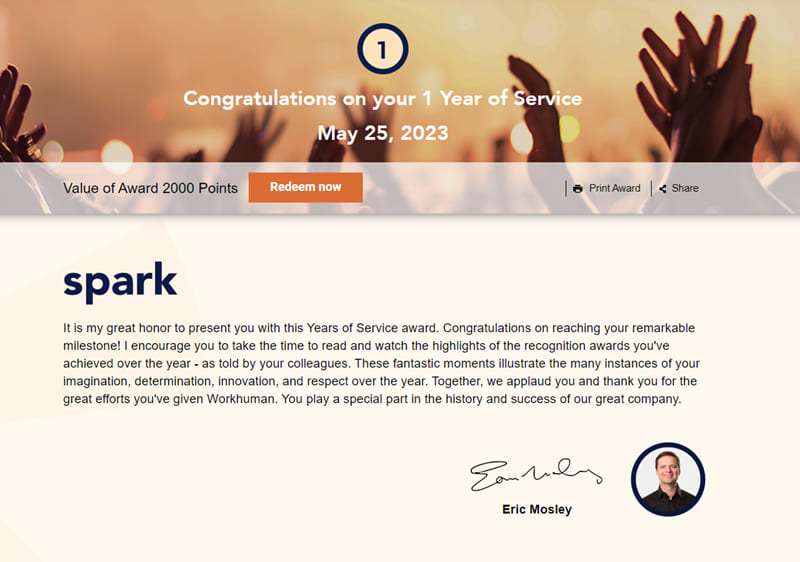 years of service award from ceo