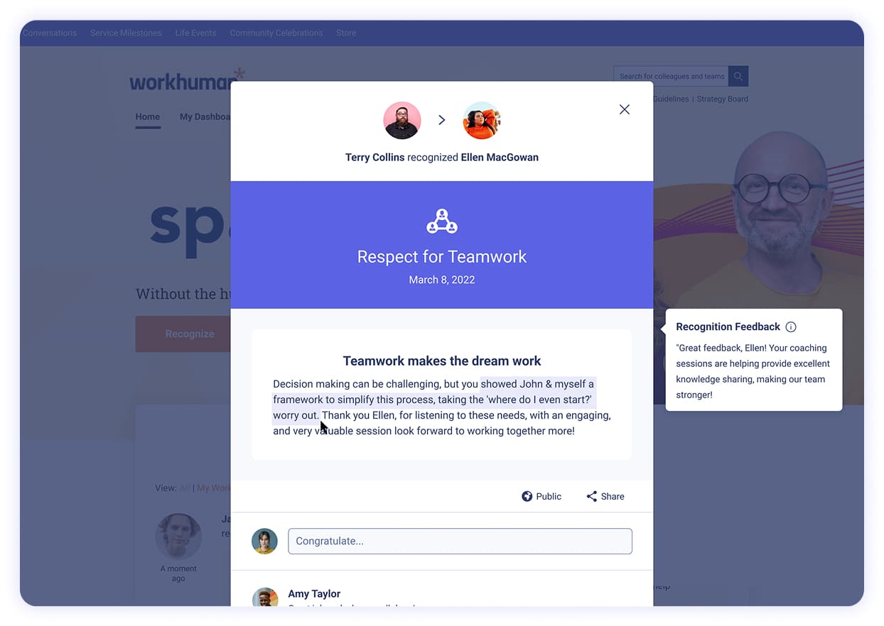 A recognition moment on the Workhuman platform features an award titled "Respect for Teamwork," awarded to Ellen MacGowan by Terry Collins on March 8, 2022. The text highlights the importance of teamwork, stating that decision-making can be challenging, and emphasizes the value of a framework to simplify the process. A feedback section praises Ellen's coaching sessions for enhancing knowledge sharing within the team. The interface includes options for congratulating the recipient or sharing the recognition.