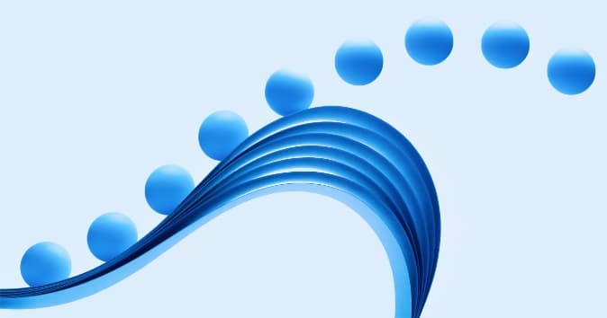 A design featuring a series of soft blue curves and spheres arranged along a flowing wave-like shape against a light blue background. The composition creates a sense of movement and fluidity, emphasizing the smooth transitions between the elements.