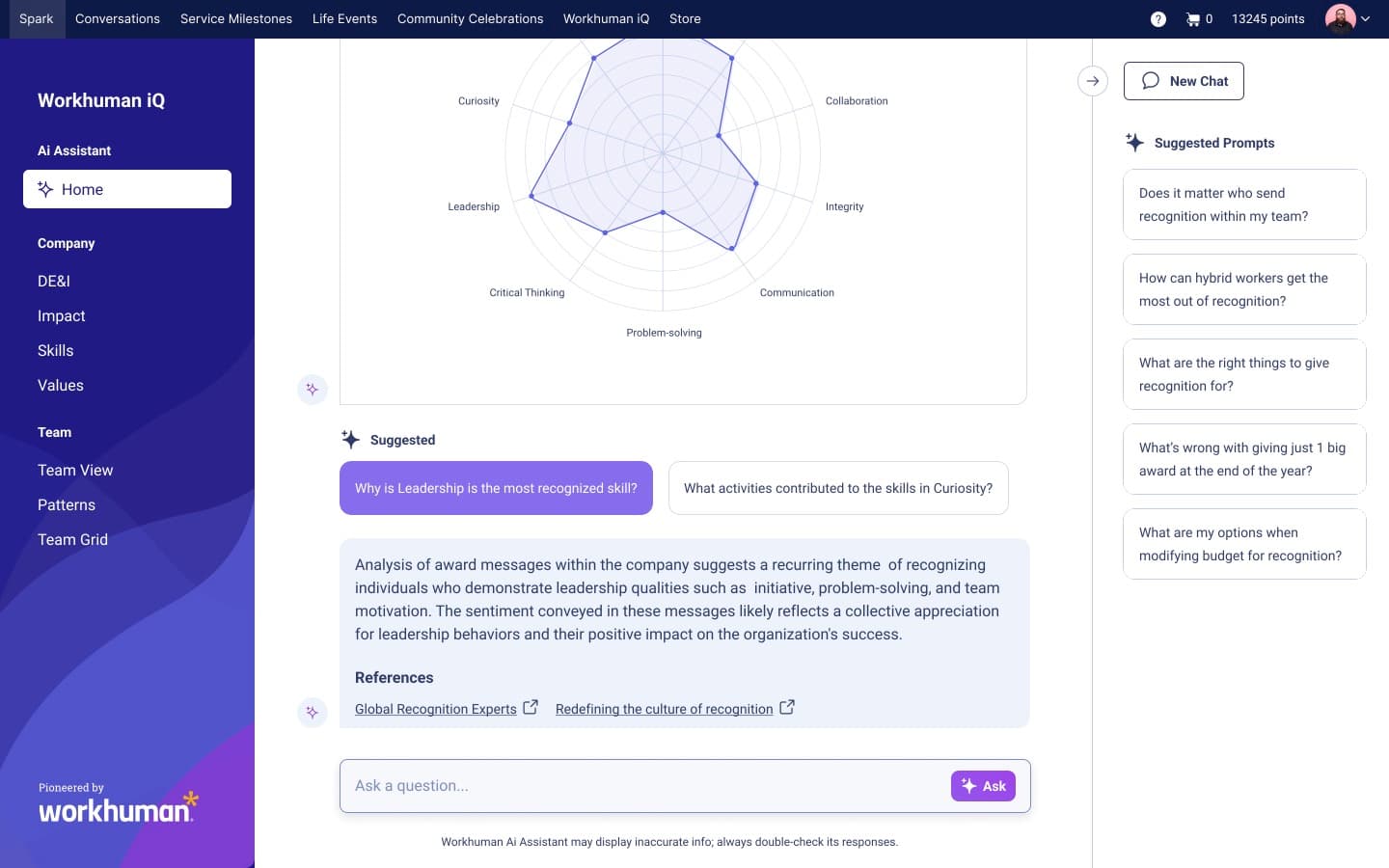Workhuman iQ product example showing skills trend chart and AI Assistant answer to the prompt "Why is Leadership the most recognized skill?"