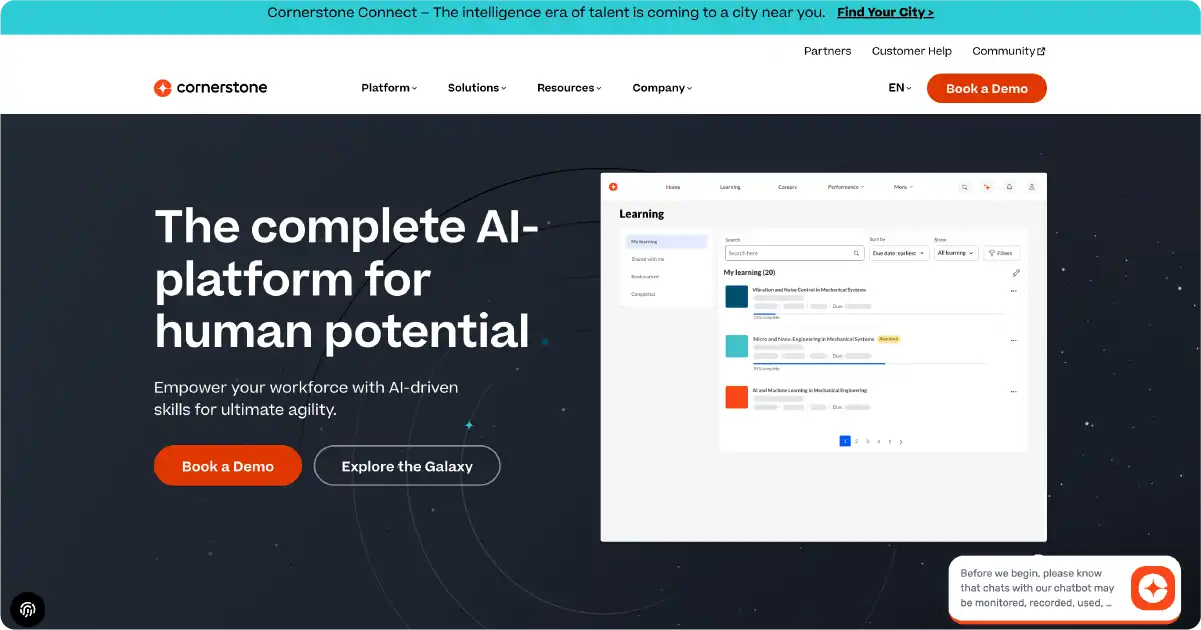 Screen capture of the Cornerstone platform offering