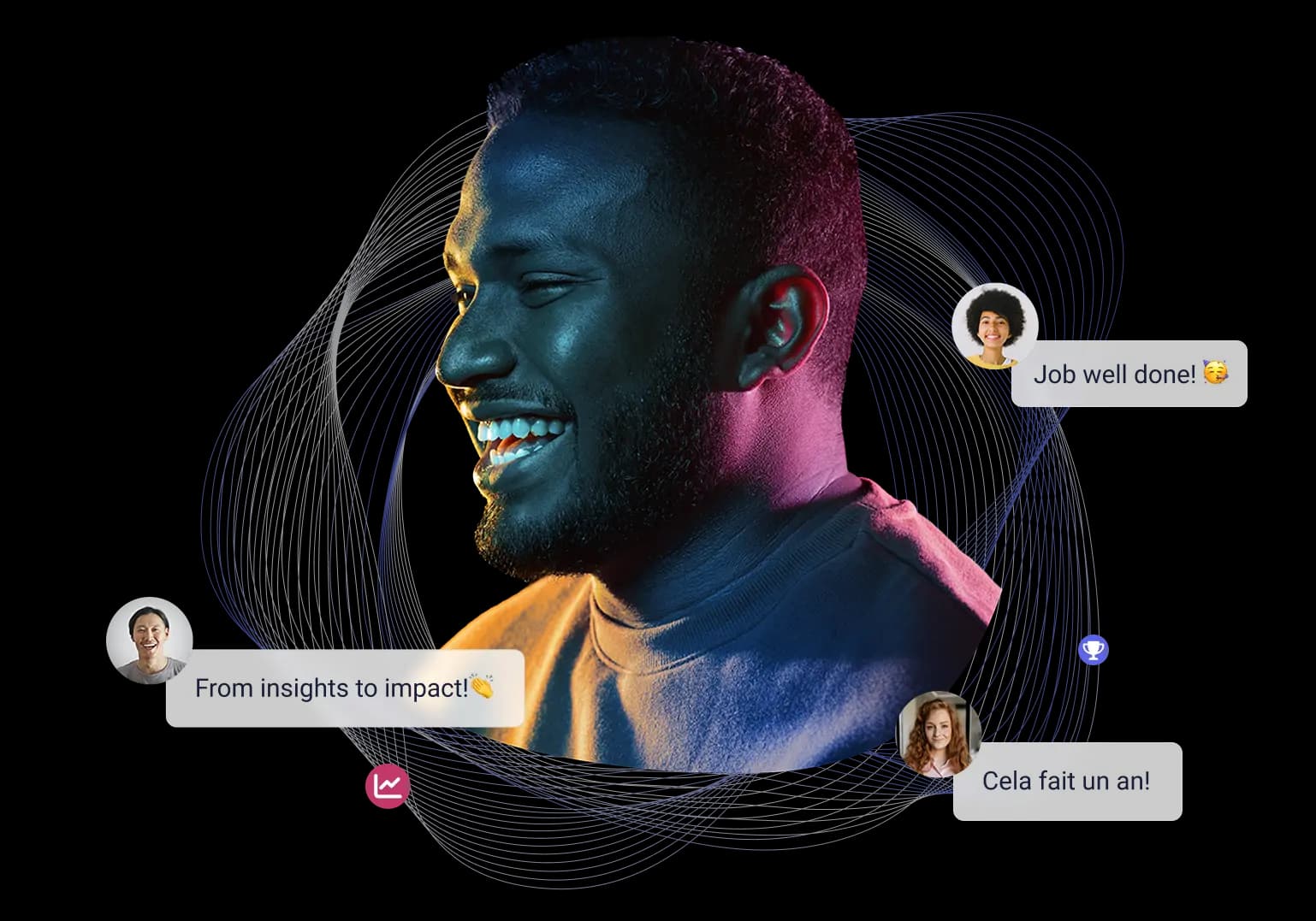 A smiling man with a beard is the focal point of the image, illuminated with colorful lighting. Surrounding him are several recognition messages in speech bubbles. The messages include "Job well done!" from one person and "From insights to impact!" from another, along with "Cela fait un an!" in French, all celebrating achievements. The overall theme conveys positivity and acknowledgment of accomplishments.