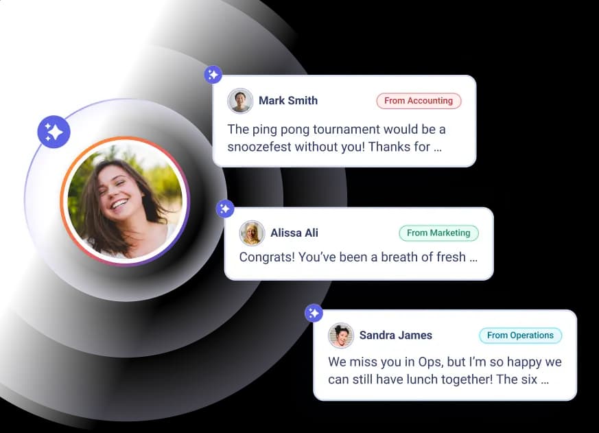 A smiling woman with long hair is surrounded by messages of appreciation from colleagues. The messages, displayed in speech bubbles, include compliments from Mark Smith from Accounting, Alissa Ali from Marketing, and Sandra James from Operations, expressing gratitude and missing her presence in team activities.