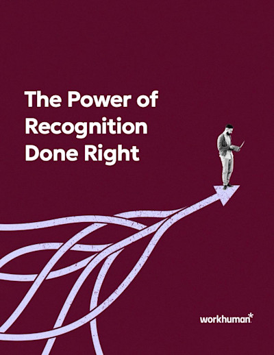 A cover image featuring the text "The Power of Recognition Done Right" along with the Workhuman logo. In the foreground, a small figure stands on an upward-pointing arrow, symbolizing progress. The background is a deep maroon color, and abstract lines flow around the arrow, suggesting a dynamic movement related to recognition.