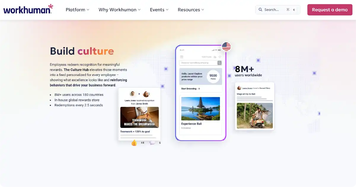 Workhuman employee recognition and culture-building platform with global users