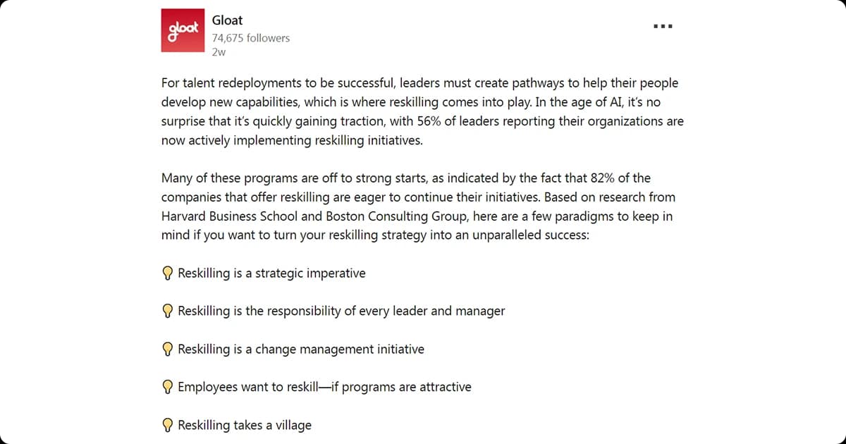Gloat-s post emphasizing reskilling strategies for leaders in the AI-driven workforce.