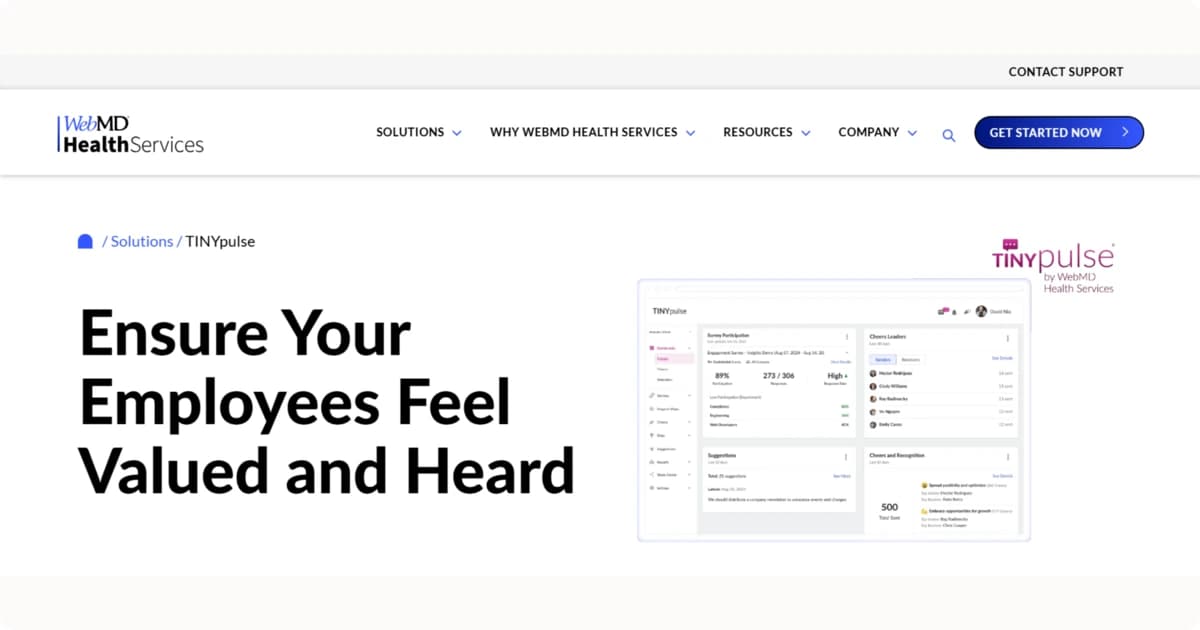 TINYpulse homepage displaying tools to ensure employees feel valued through feedback and recognition.