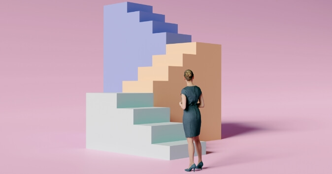 A woman in a gray dress stands facing a set of stylized, multi-colored stairs against a pink background, symbolizing her resilience in the workplace. The stairs are composed of geometric shapes in pastel colors, emphasizing an abstract design.