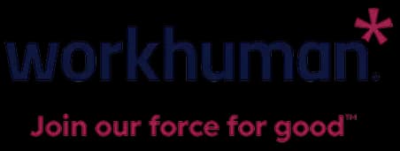 The image features the Workhuman logo prominently displayed. Below the logo, the tagline reads "Join our force for good." The design is clean and modern, highlighting the Workhuman brand identity.