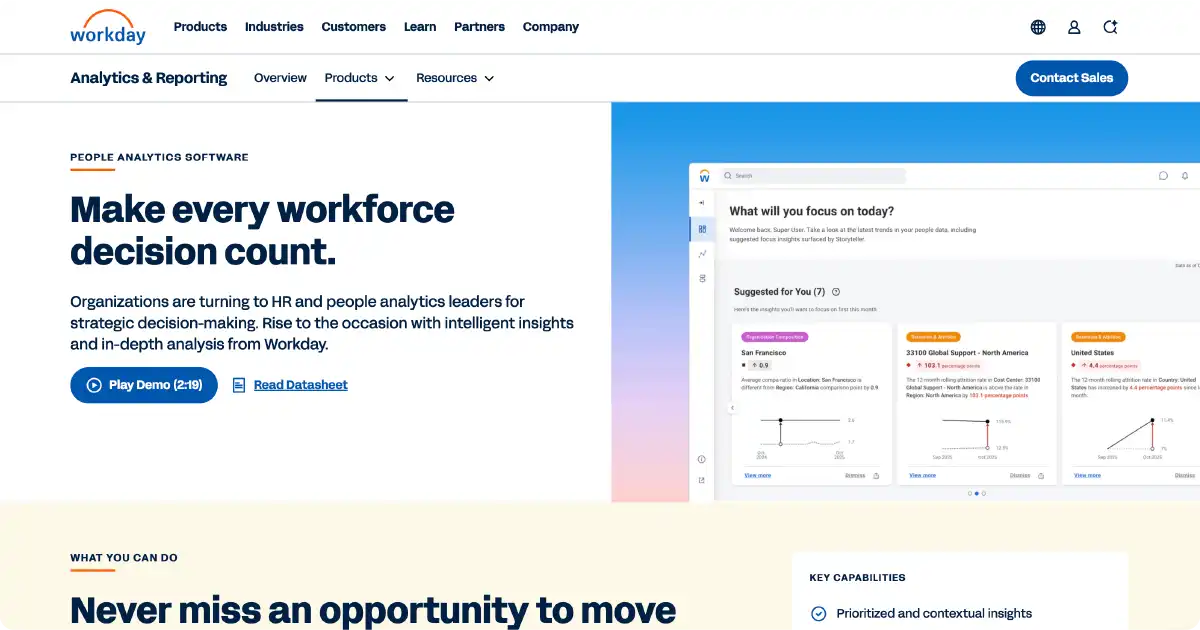 Workday people analytics platform showing workforce dashboards and insights