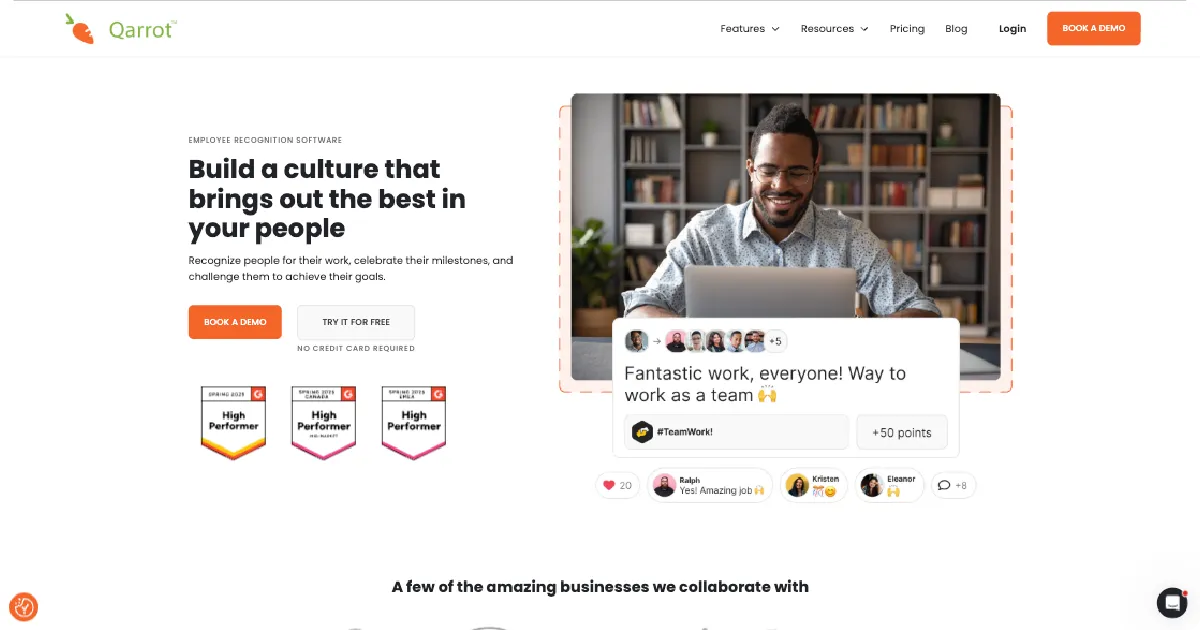 Qarrot homepage for employee recognition software designed to celebrate achievements, reward milestones, motivate teams, and build a positive workplace culture.