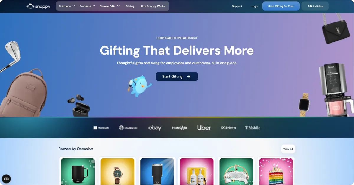Snappy homepage for a corporate gifting platform that helps companies send personalized gifts and rewards to employees, customers, and business partners.