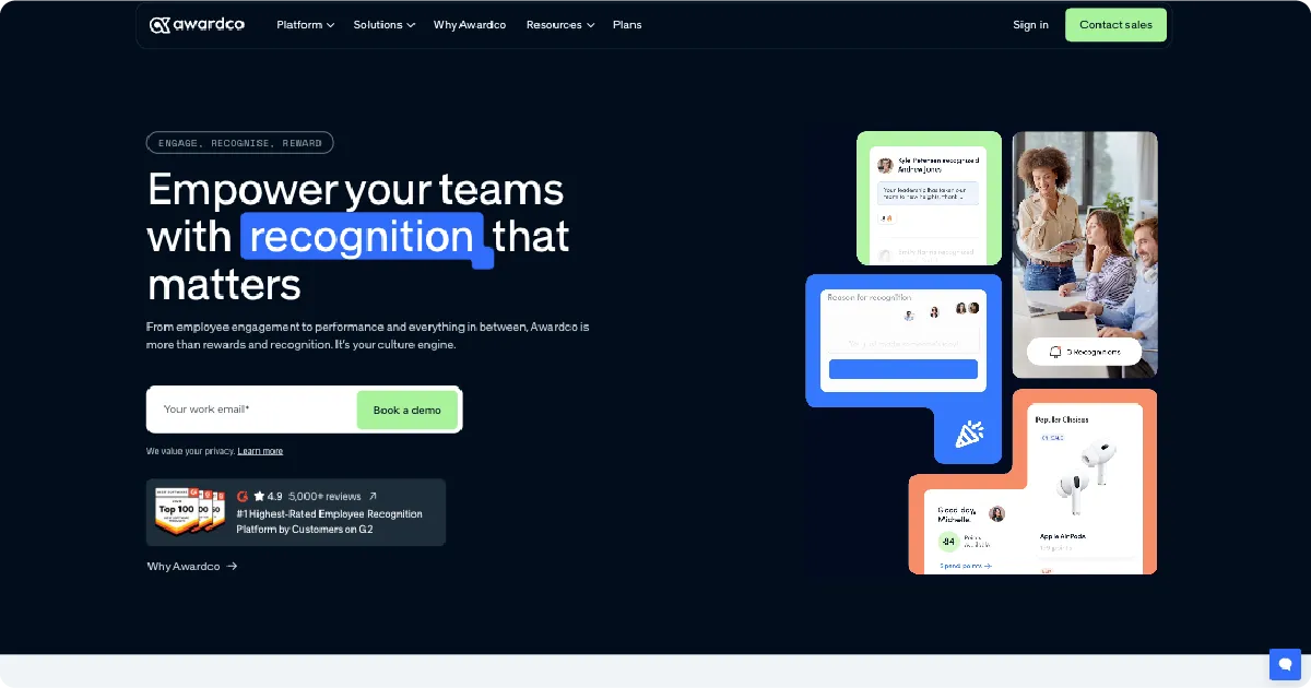 Awardco homepage for an employee recognition and rewards platform that helps organizations celebrate achievements, engage teams, and strengthen company culture.