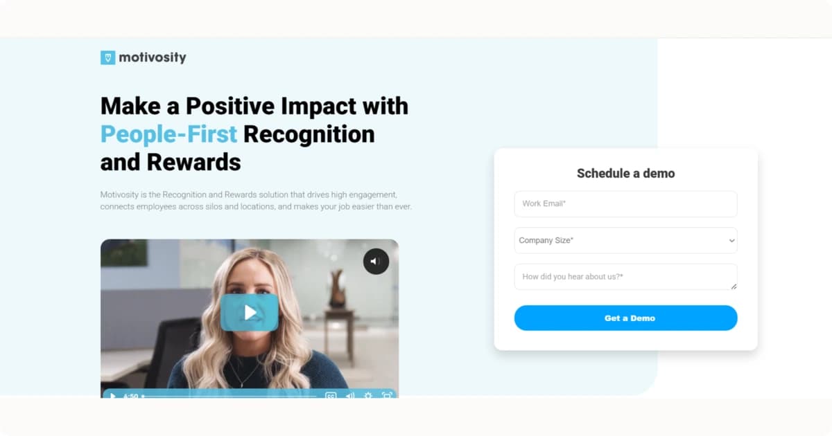 Motivosity homepage offering people-first recognition and rewards for high employee engagement.