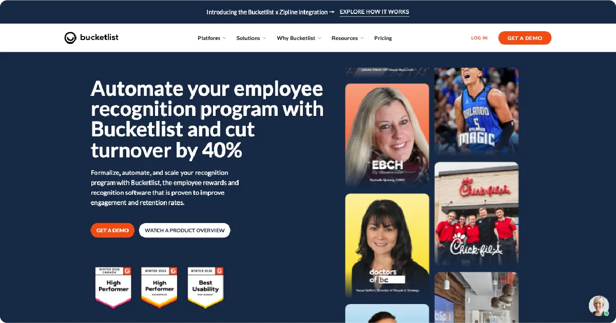 Bucketlist Rewards homepage for an employee recognition and rewards platform that helps organizations improve engagement, retention, and workplace culture.