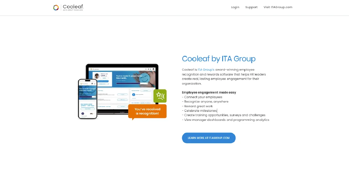 Cooleaf homepage for an employee recognition and rewards platform designed to support engagement, celebrate achievements, and strengthen workplace culture.
