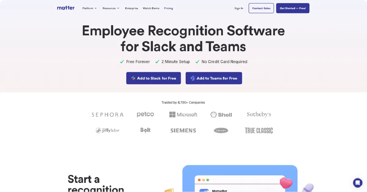 Matter homepage for employee recognition software that integrates with Slack and Microsoft Teams to support praise, rewards, and stronger workplace engagement.