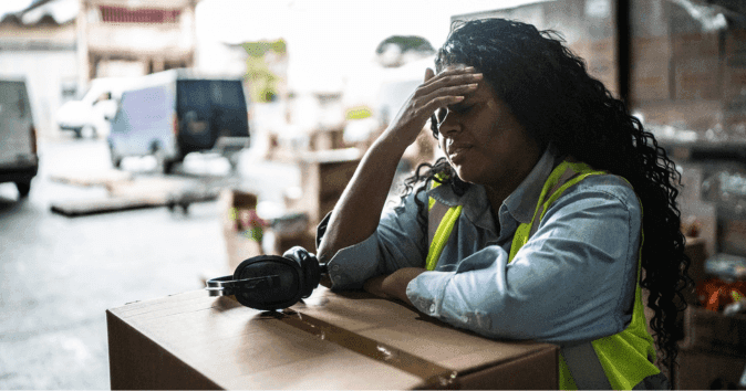 tired employee leaning on box