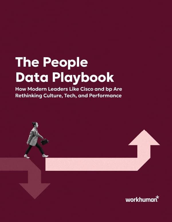 A woman in a striped suit walks with a briefcase on a colorful, upward-pointing arrow, suggestive of progress and leadership. The background is a deep maroon, featuring the text "The People Data Playbook" at the top, followed by a subtitle about modern leaders like Cisco and bp rethinking culture, tech, and performance. The Workhuman logo is located at the bottom.