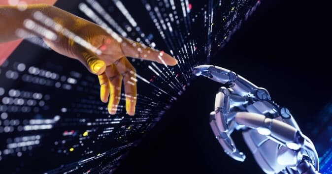 Human hand going through data space almost touching a robot hand.